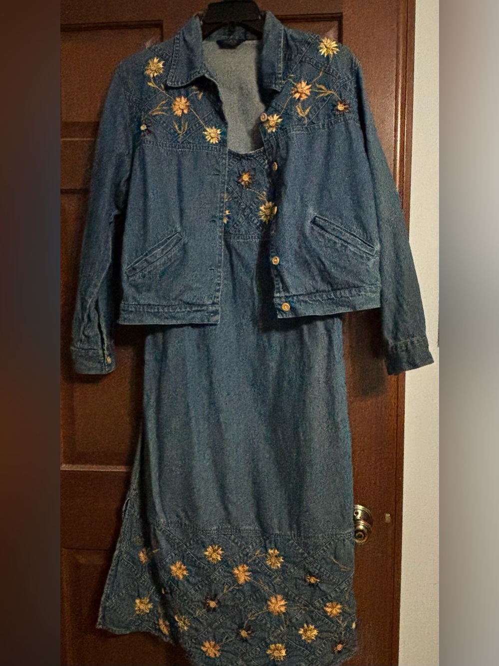 Vtg 90s Agapo Embroidered Denim Maxi Dress & Cropped Jacket Set M Cottagecore